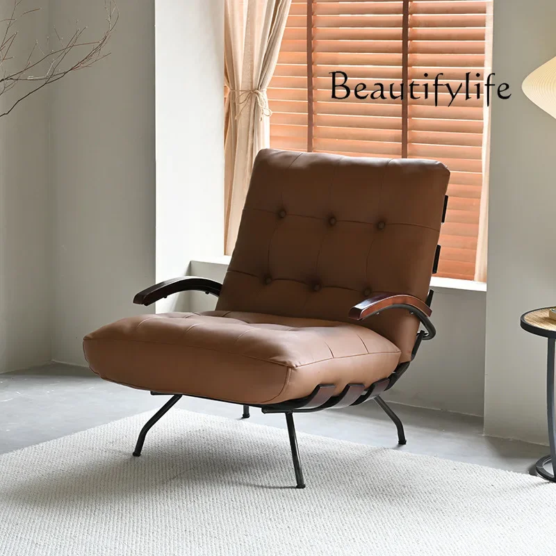 Italian minimalist single sofa chair antique leather home leisure designer creative solid wood recliner