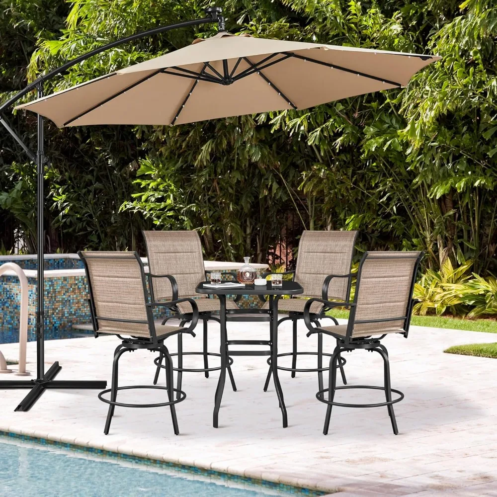 4-teilige drehbare Barhocker für die Terrasse, Texteline-Bistrostühle mit hoher Rückenlehne/Armlehne/Fußstütze, gepolsterte Allwetter-Sitzgelegenheiten für den Außenbereich, Pelz