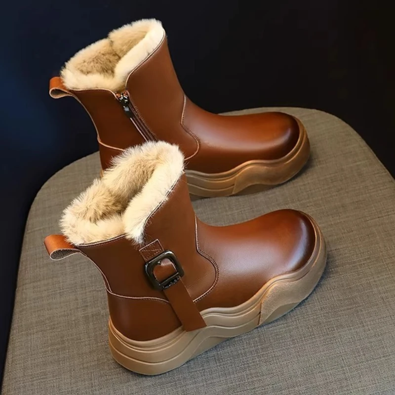 بوتاس موضة حجم كبير أحذية الثلوج للأطفال 2025 شتاء جديد النمط البريطاني الفتيات حذاء من الجلد الراحة عدم الانزلاق الطفل الأحذية الجلدية