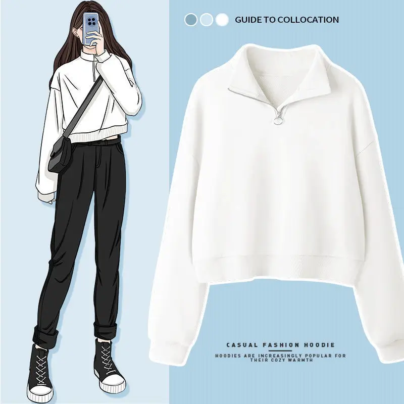 Fashion Solid Color Half Zipper Spring Autumn Sweatshirts Womne New Classic Turn-down Collar Loose Korean Short All-match Top