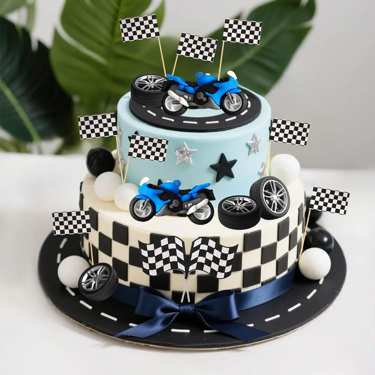 23-teiliges Motorrad-Kuchendekorations-Set, Mini-Motorrad-Reifen Schachbrettmuster-Flaggen, Rennthema-Kuchendeko für Motocross-Geburtstag – Detail 3