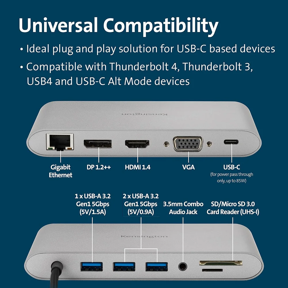 Kensington 10-in-1 Docking Station UH1440P USB-C Mobile Type-C Hub 85W Dual Video for DP/HD/VGA for Win/MacOS/Samsung Dex K33853