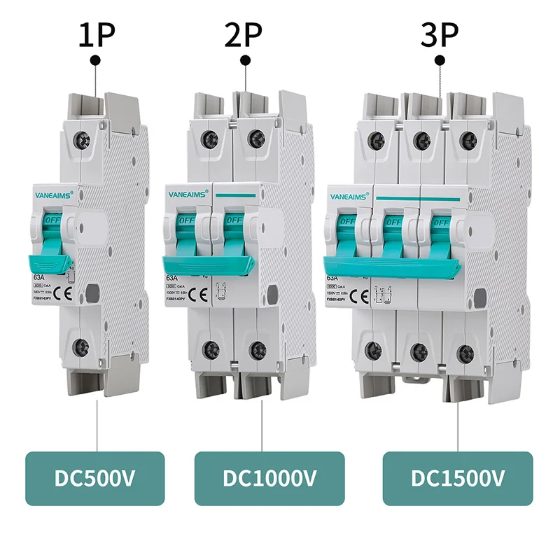 Solar DC Circuit Breaker 6KA Breaking Capacity MCB 1P-DC500V 2P-DC1000V 3P-DC1500V DIN Rail PV Mini Circuit Breaker 16A 32A 63A
