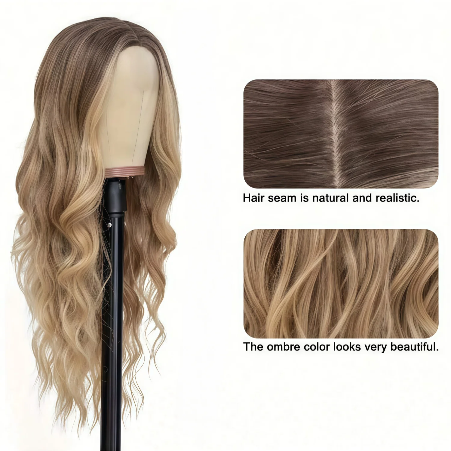 Fashionable gradient brown gold high gloss wig -66cm long loose wavy  wig, heat-resistant synthetic fiber,Carnival image 4