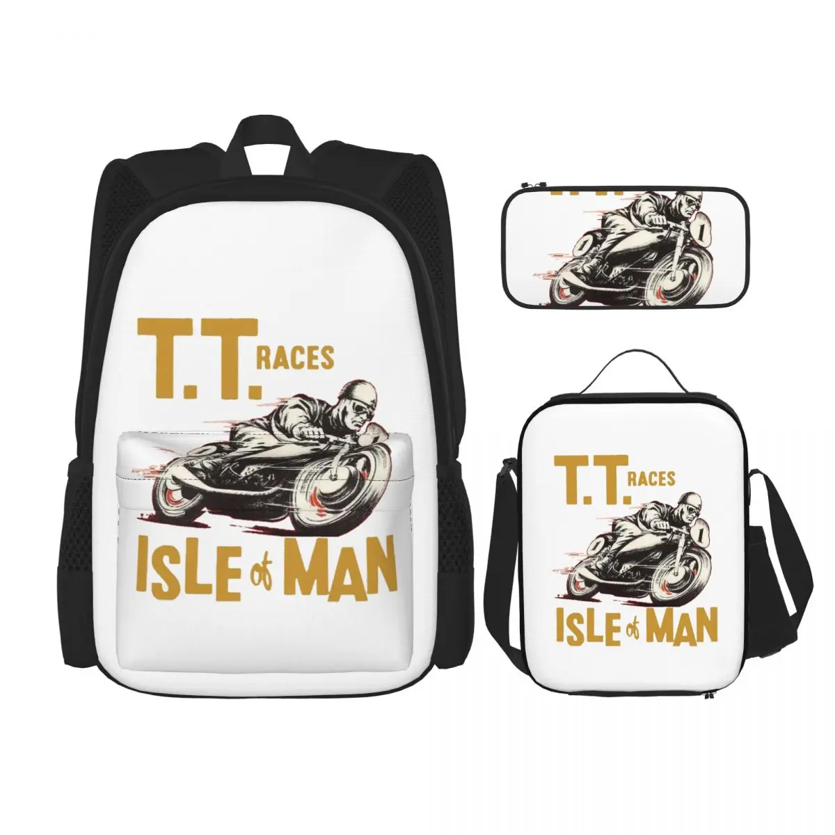 

Motorcycle Races Isle Of Man TT Backpacks Bookbag Children School Bags Cartoon Kids Rucksack Lunch Bag Pen Bag Three-Piece Set