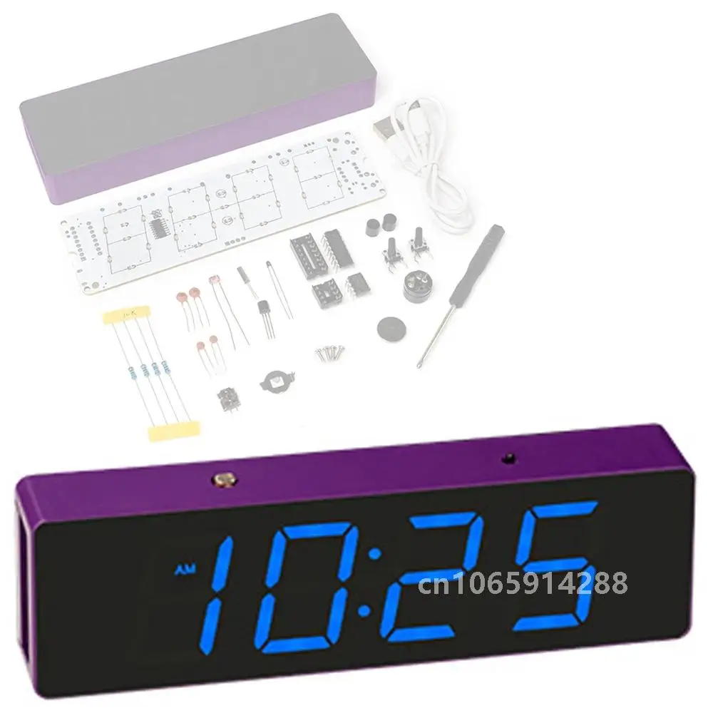 LED Electronic Clock Kit 4 Light Control Modes Alarm Clock Time Error Correction Function Soldering Practice DIY Set Multi-Color