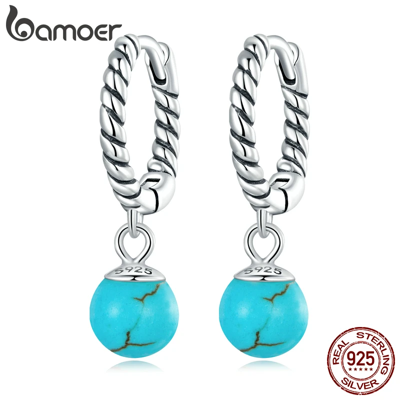 

Женские серьги-капли Bamoer из стерлингового серебра 925 пробы с круглыми бусинами, ювелирные изделия, винтажные тюски, пряжки для ушей, свадебный подарок для девочек