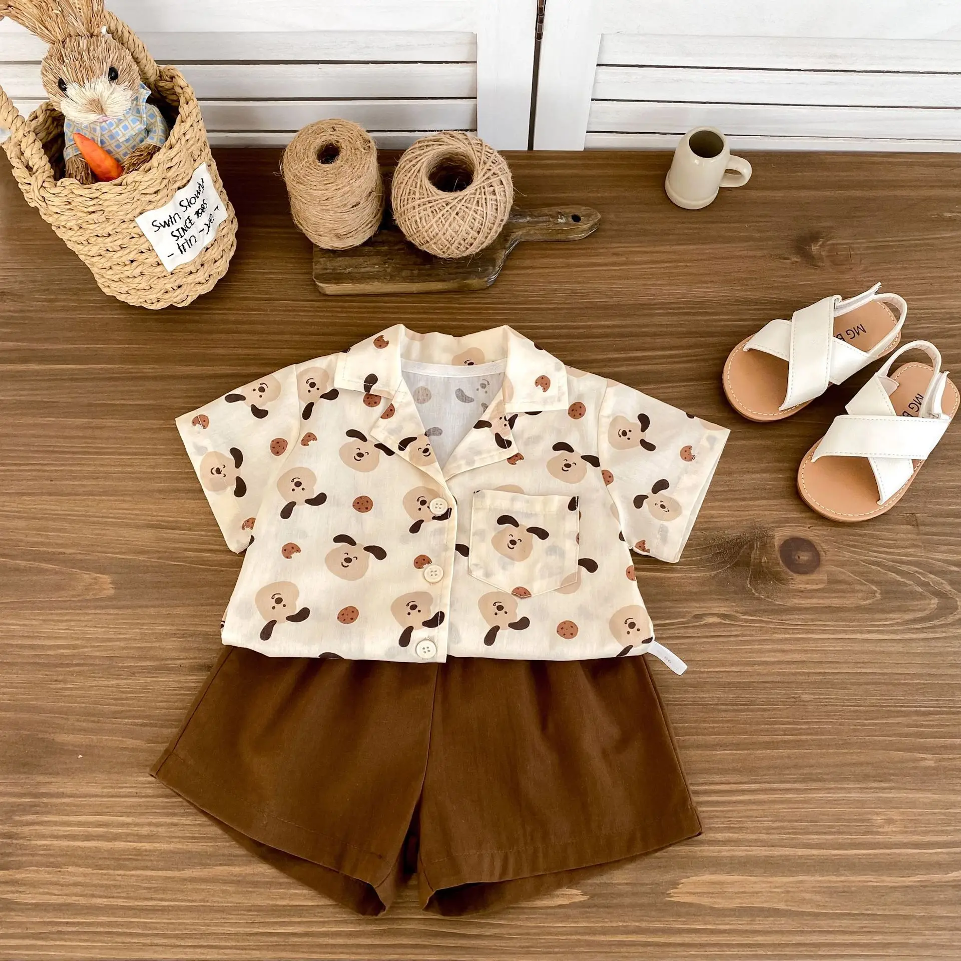 2025 Summer Boys' Set New Cute Dog Printed Short Sleeved Shirt and Shorts Super Cute Two Piece Set for Boys and Babies