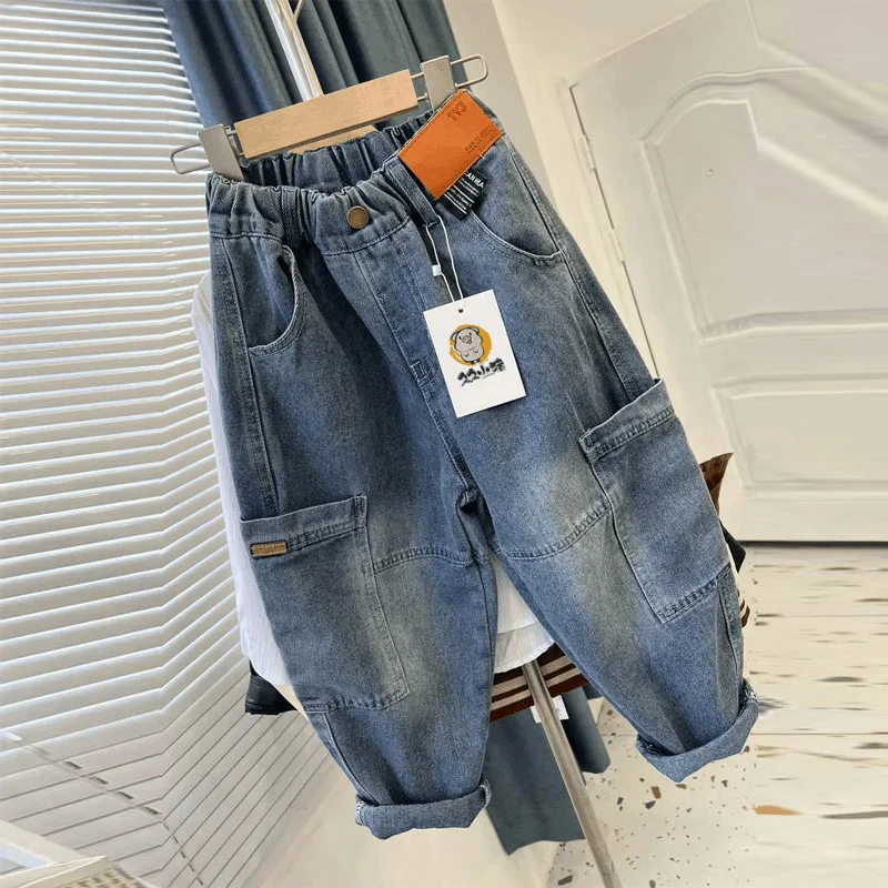 

2025 корейские осенние штаны для маленьких мальчиков с карманами, свободные детские широкие джинсы для маленьких мальчиков, однотонные повседневные штаны-карго для мальчиков от 1 до 6 лет