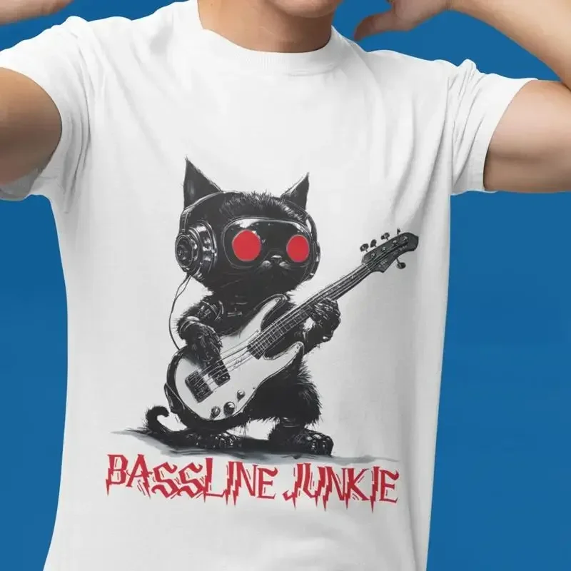 Cyborg Cat T Shirt Street Art Style Top Bass Guitar Cotton Shir