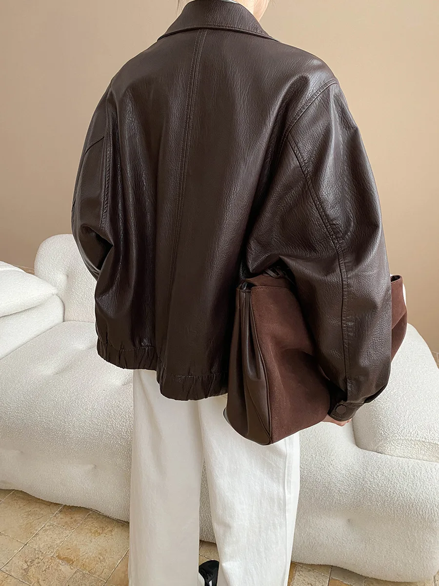 Dames kunstleer bomberjack met lange mouwen, chique bovenkleding, elastische zoom, damesmode top