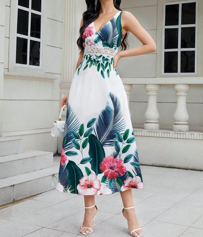 

Women's Elegant Vacation Dress 2025 Spring Summer Latest V-Neck Sleeveless Long Print Big Swing Maxi Dress High Waist Long Skirt