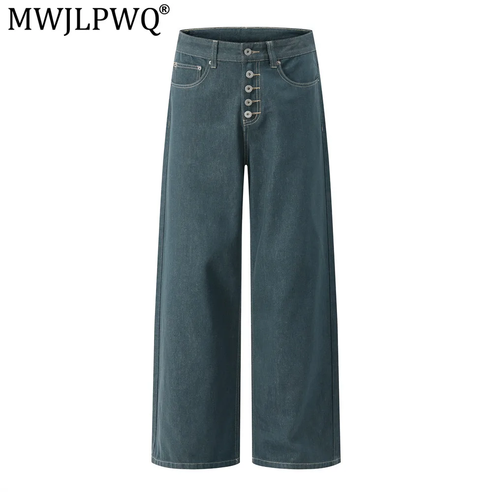 MWJLPWQ Button-Front Straight-Leg Jeans Cleanfit Trendy Streetwear For Men Simple Basic Autumn New Loose Wide-Leg Trousers 20772
