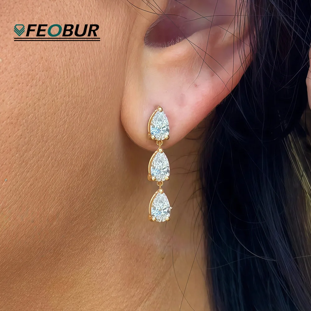 

FEOBUR 3cttw WaterDrop Moissanite Earring Wedding 925 Sterling Silver Pear Three Diamond Dangle Earrings for Women Bride Jewelry