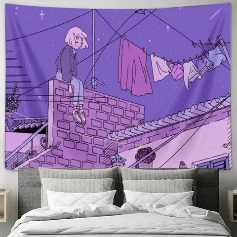 Starry Night Rooftop Scene Tapestry Wall Hanging Art Decor for Bedroom Living Room Home Decoration Purple Cartoon Design