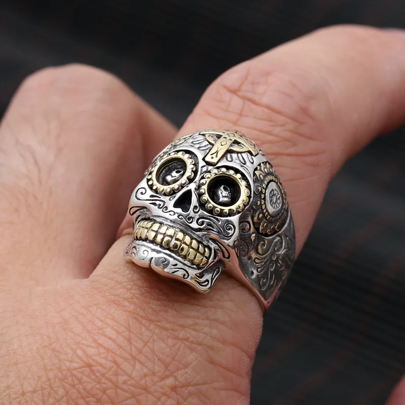 Real Solid 925 Sterling Silver Sugar Skull Rings For Men Mexican Rings Retro Gold Color Cross Sun Flower Engraved Punk Jewelry