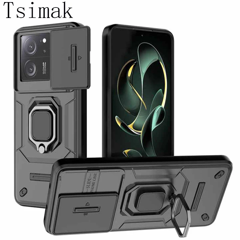 Slide Camera Case For Xiaomi 13T 14T Pro POCO X6 F6 M6 C65 C75 Shockproof Armor Stand Back Coque for Redmi 13C 14C Phone Cover