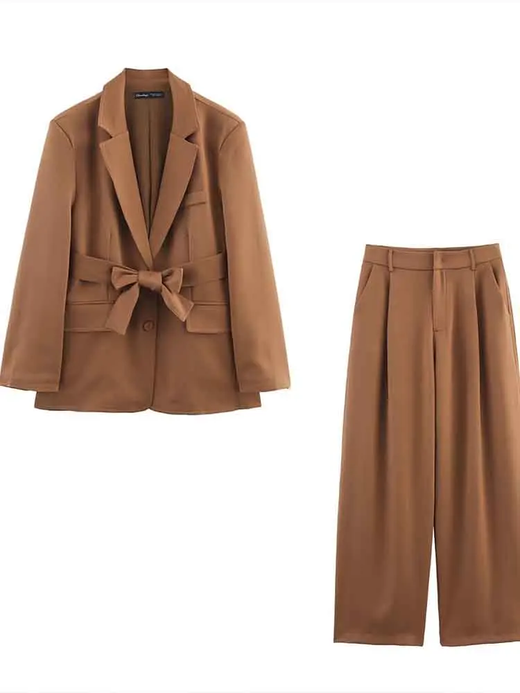 

European style new women's clothing fashionable and versatile simple solid color with belt loose suit jacket trousers suit