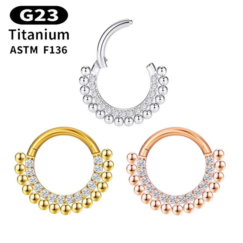 

1PC ASTM F136 G23 Titanium Piercing Jewelry 16G Hinged Nose Ring Septum CZ Clicker Helix Daith Conch Cartilage Earrings Goth