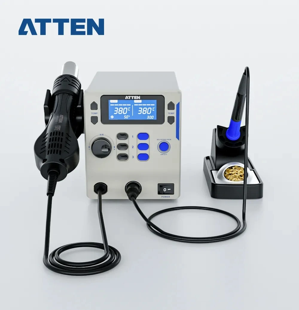 ATTEN ST-8802 Intelligent Dual Channels Rework Station Soldering Iron Hot Air Gun 65W/800W Offer 4 Nozzles 110V/220V