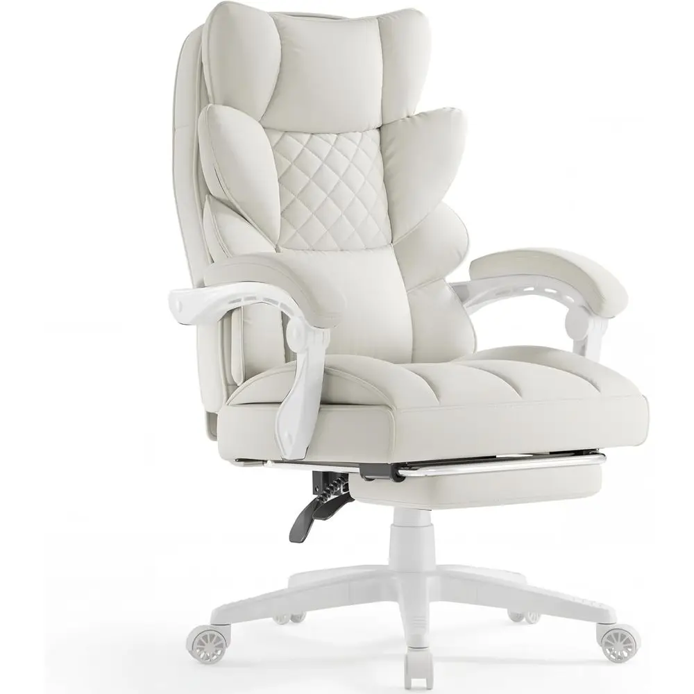 

Large Ergonomic High-Back Gaming Chair with Spring Cushion, Linkage Armrests, Footrest - White PU Leather