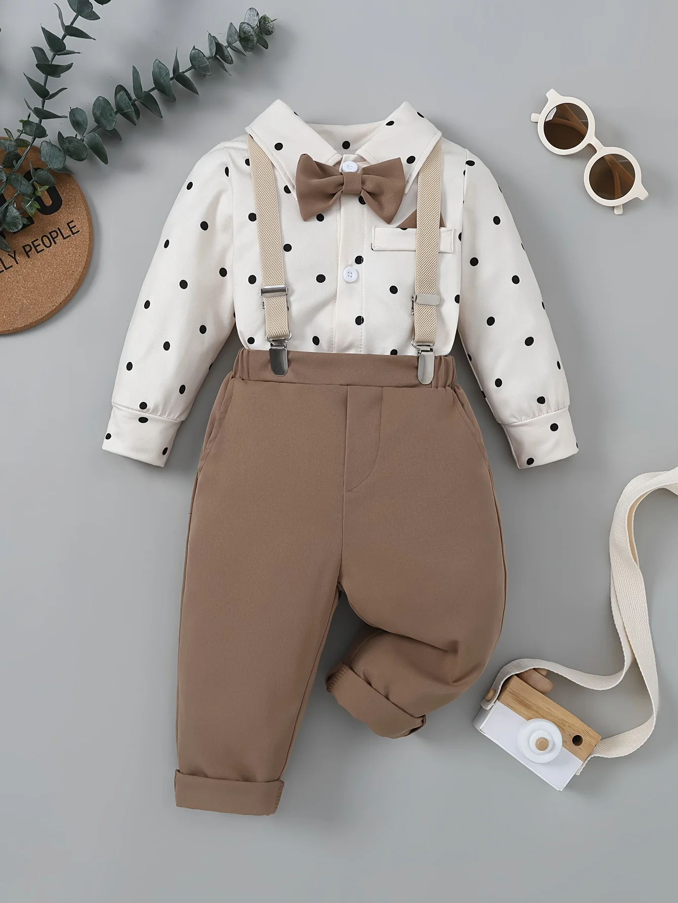 Cute Baby Boy Gentleman 2-Piece Set Lapel Collar Polka Dot Bow Tie Formal Outfit for Fall Winter Special Occasions