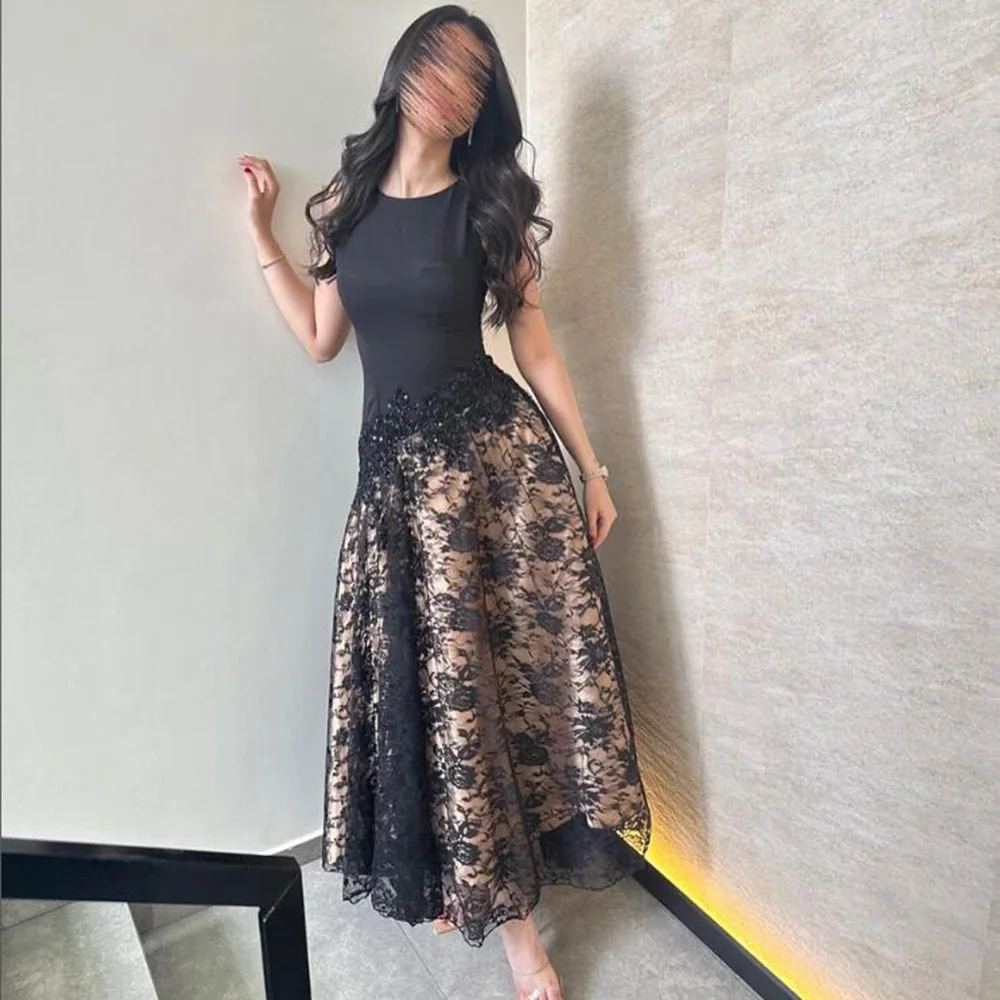 

Customized A-Line Prom Dresses Tea-Length O-Neck Sleeveless Evening Dresses Fashion Lace Sequined Simple Draped Party Dresses