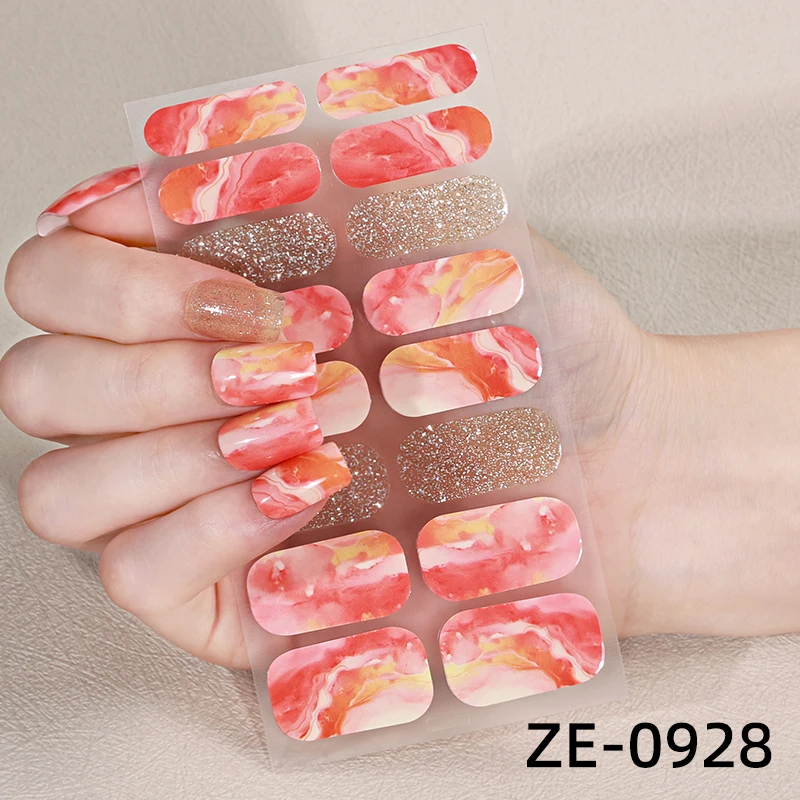16Tips Golden Leaves Full Cover Nail Sticker Gradient Nail Polish Strips Long-Lasting Self Adhesive Manicure Art DIY Decoration