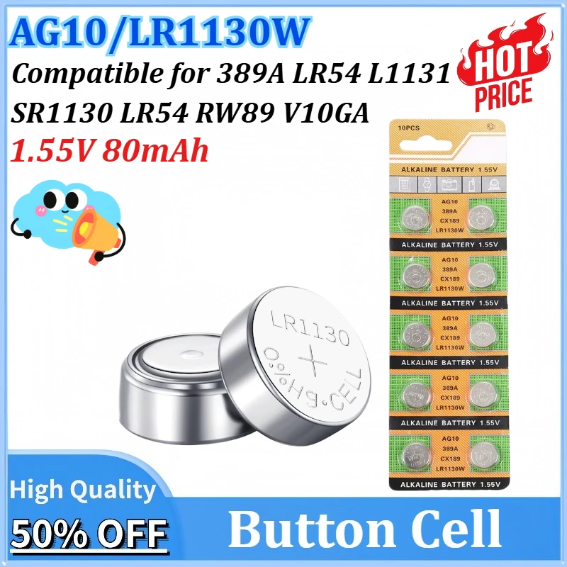 

10-200PCS AG10 LR1130W Battery 389A LR54 L1131 SR1130 1.55V 80mAh High Capacity Button Cell Coin Battery for Watches Calculators