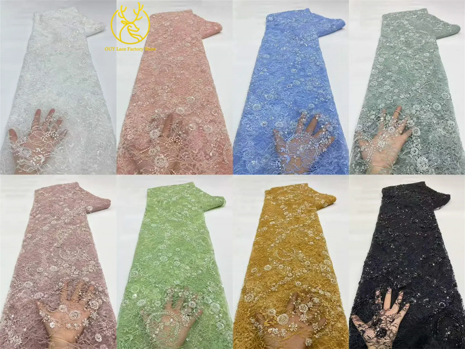 Afrikanischer Spitzenstoff, nigerianische Stickerei, Pailletten-Spitzenstoff, hochwertiger französischer Perlen-Spitzenstoff zum Nähen von Abendkleidern – Detail 3