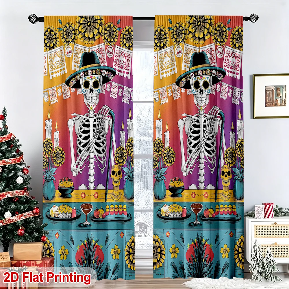 2PCS Digital Print Curtains, Halloween Skeleton Skull Colorful Pattern, Spooky Gothic Style for Halloween Party Home Decor