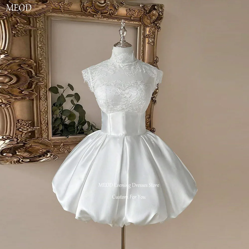MEOD White High Neck  Bubble Mini Wedding Dress Cap Sleeve Satin Bridal Gown Backless Lace Appliques Vestido Novia Customized