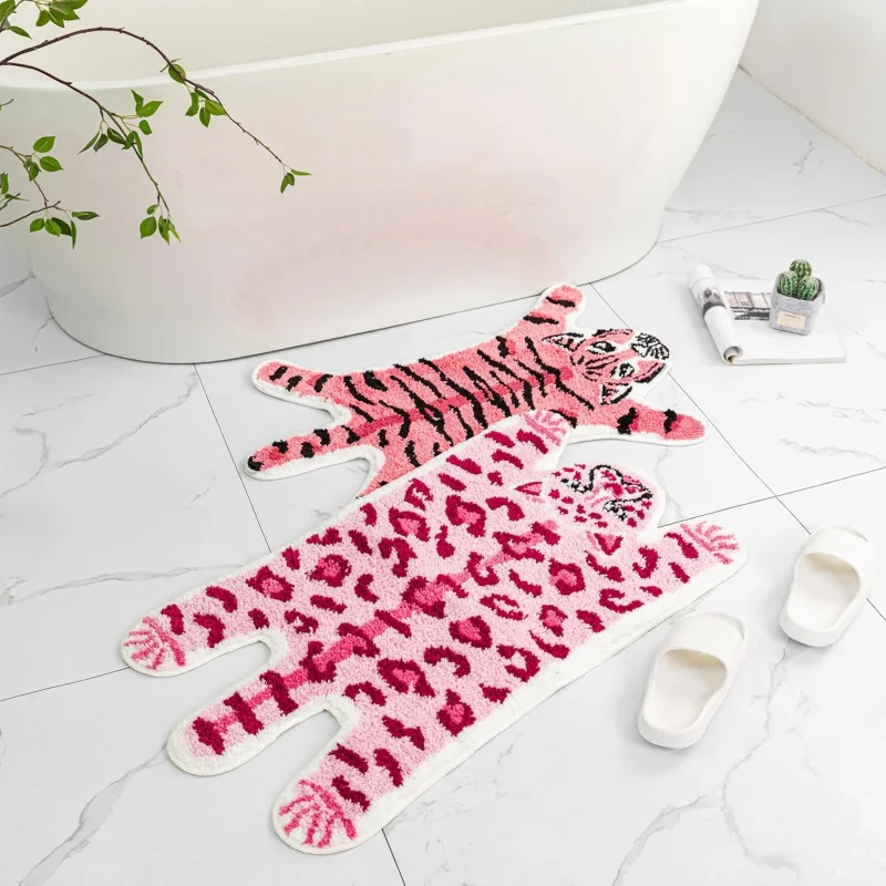 VIKAMA Pink Leopard Tiger Shaped Bath Mat Y2K Fluffy Absorbent Non Slip Bathroom Rug Cute Animal Bedroom Washable Floor Doormat view 4