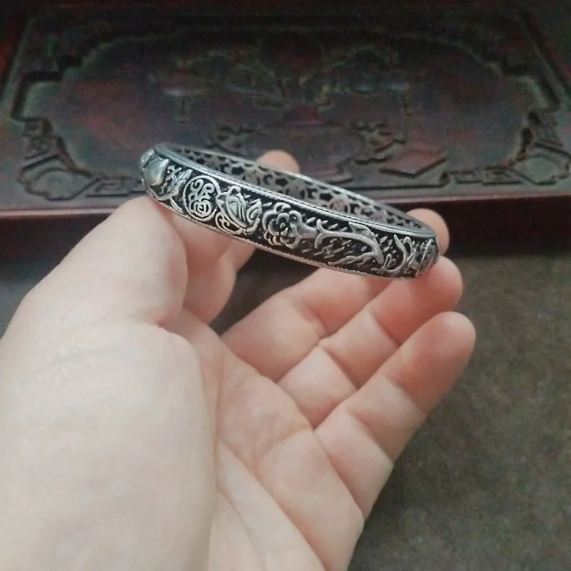 Antique With Aged Patina, Traditional Craftsmanship, Old Silver, Longevity Peach And Crane Hollow-Carved Design, Vintage Ethnic