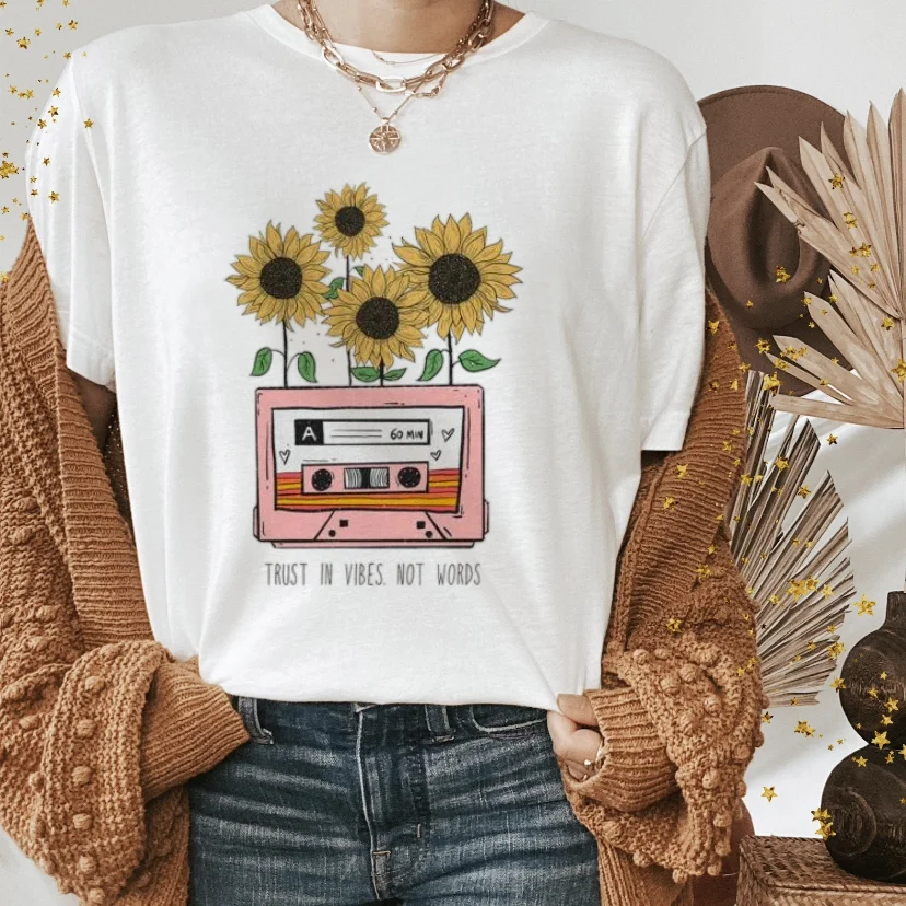 Camiseta de manga curta feminina, Flores de plantas estampadas, Top Padrão Girassol, Roupa de verão, Doce roupa fofa Anos 90, moda