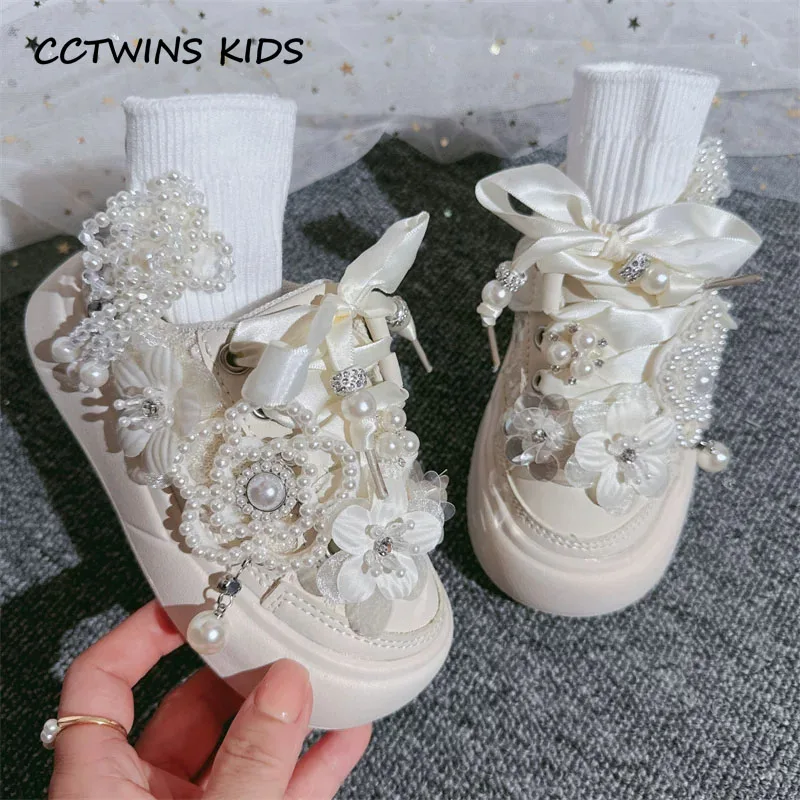 Girls Shoes Spring Autumn Kids Fashion Brand Casual White Flats Hand Made Toddler Children Crystal Bow Pearls Soft Sole Platform