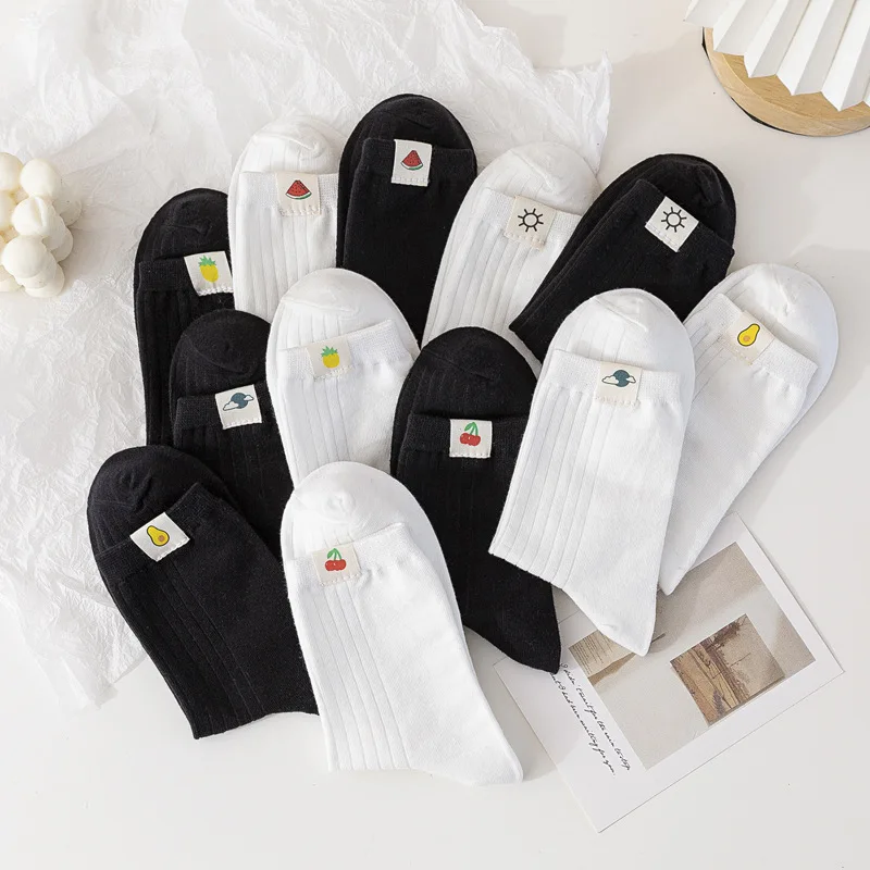 6 paia Set donna nero bianco frutta stampa calzini autunno quattro stagioni traspirante tinta unita Sport lungo tubo centrale calzini Casual