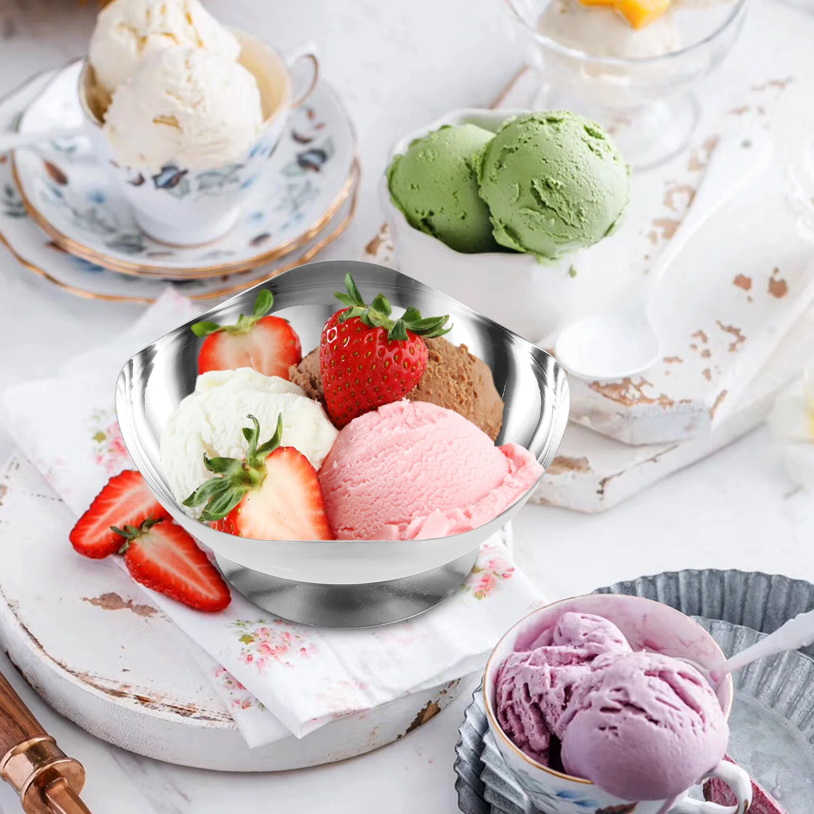 

Stainless Steel Ice Cream Cup Footed Dessert Bowl Reusable Fruit Salad Pudding Serving Bowl for Home Party