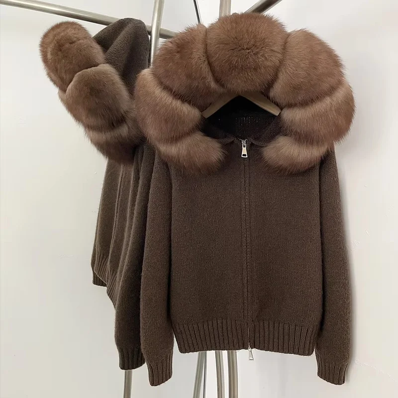 New Fashion Autumn Winter Casual Hooded Real Fox Fur Collar Fashion Short Knitted Jacket with Natural Fur Coat for Women