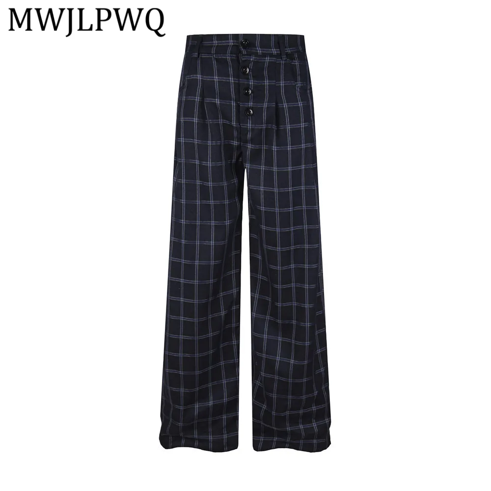 MWJLPWQ Retro Mens Casual Plaid Pants Dark Blue Button Front Closure High Waist Wide Leg Street Style Trousers Daily Wear 16724