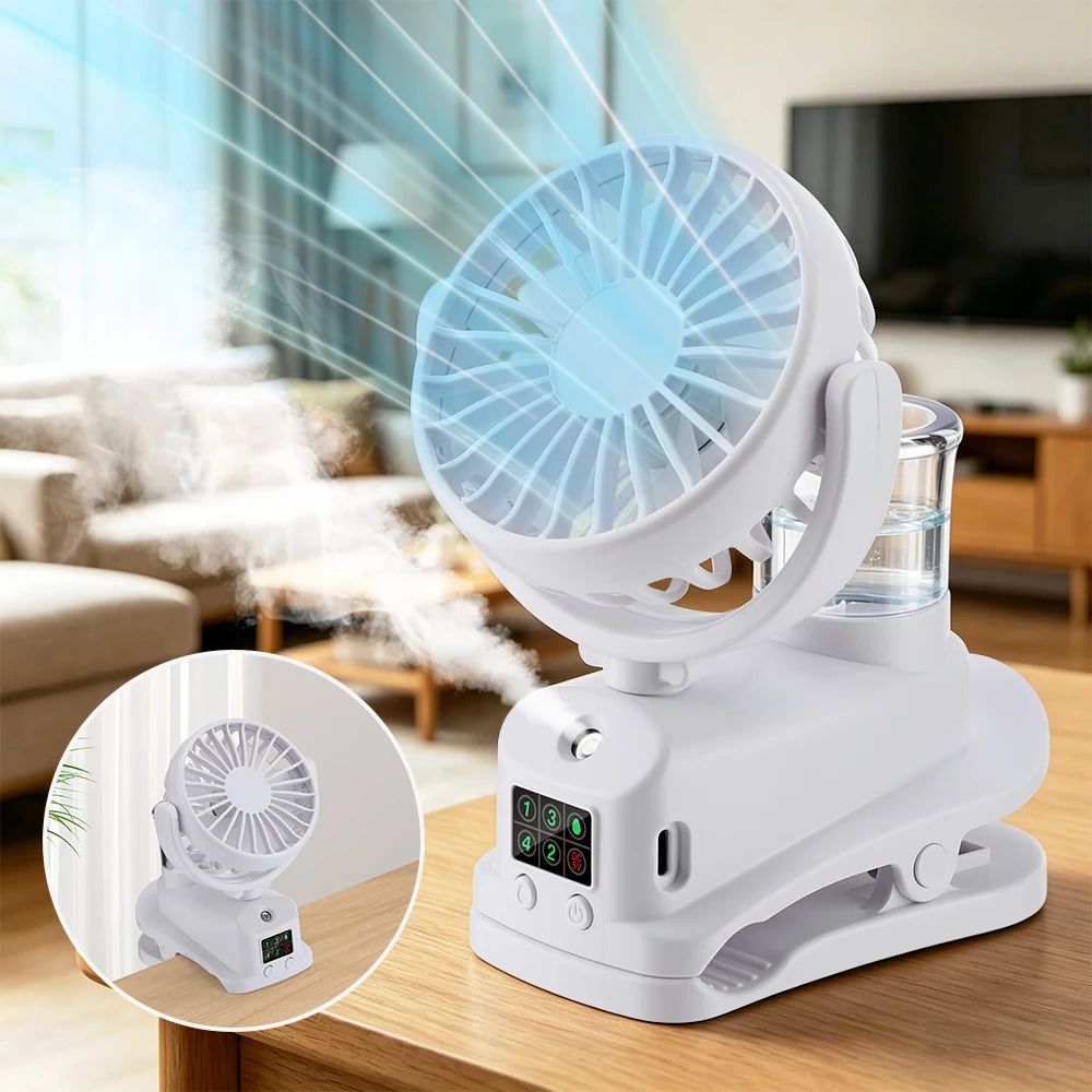 Portable Clip On Mist Fan USB Rechargeable 4 Speeds LED Digital Display Nano Mist Humidifier Adjustable Desk Fan for Home Office