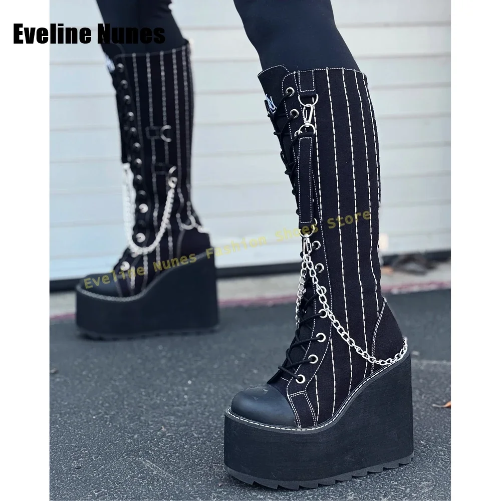 

Y2K Knee High Boots Subculture Style Cosplay Street Style 2025 Metal Chain Decoration Canvas Boots Round Toe Wedges Lace Up Lady