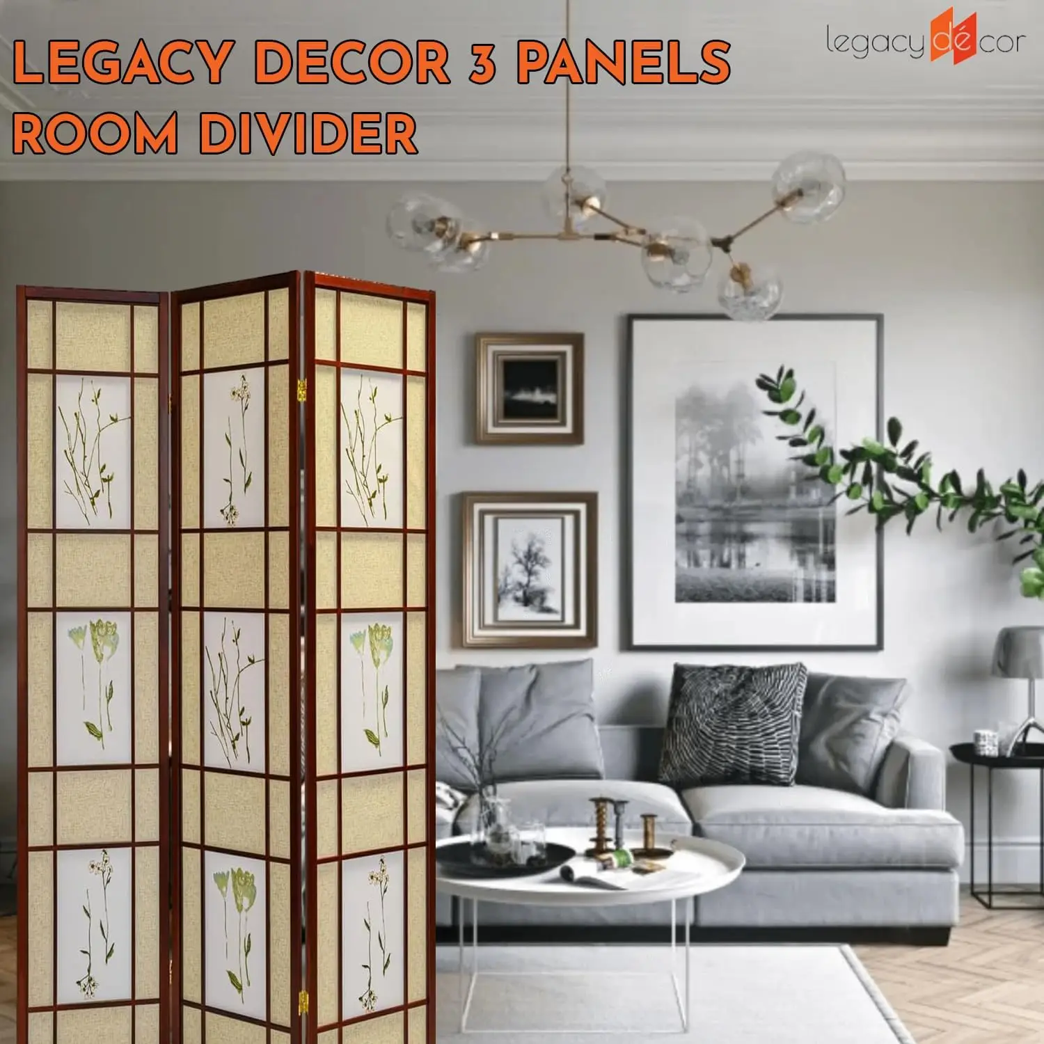 Room Divider Screen 71-in Tall 4-Panel Cherry Botanical Print | Freestanding Folding Privacy Screen, Pine Wood Indoor Room Parti