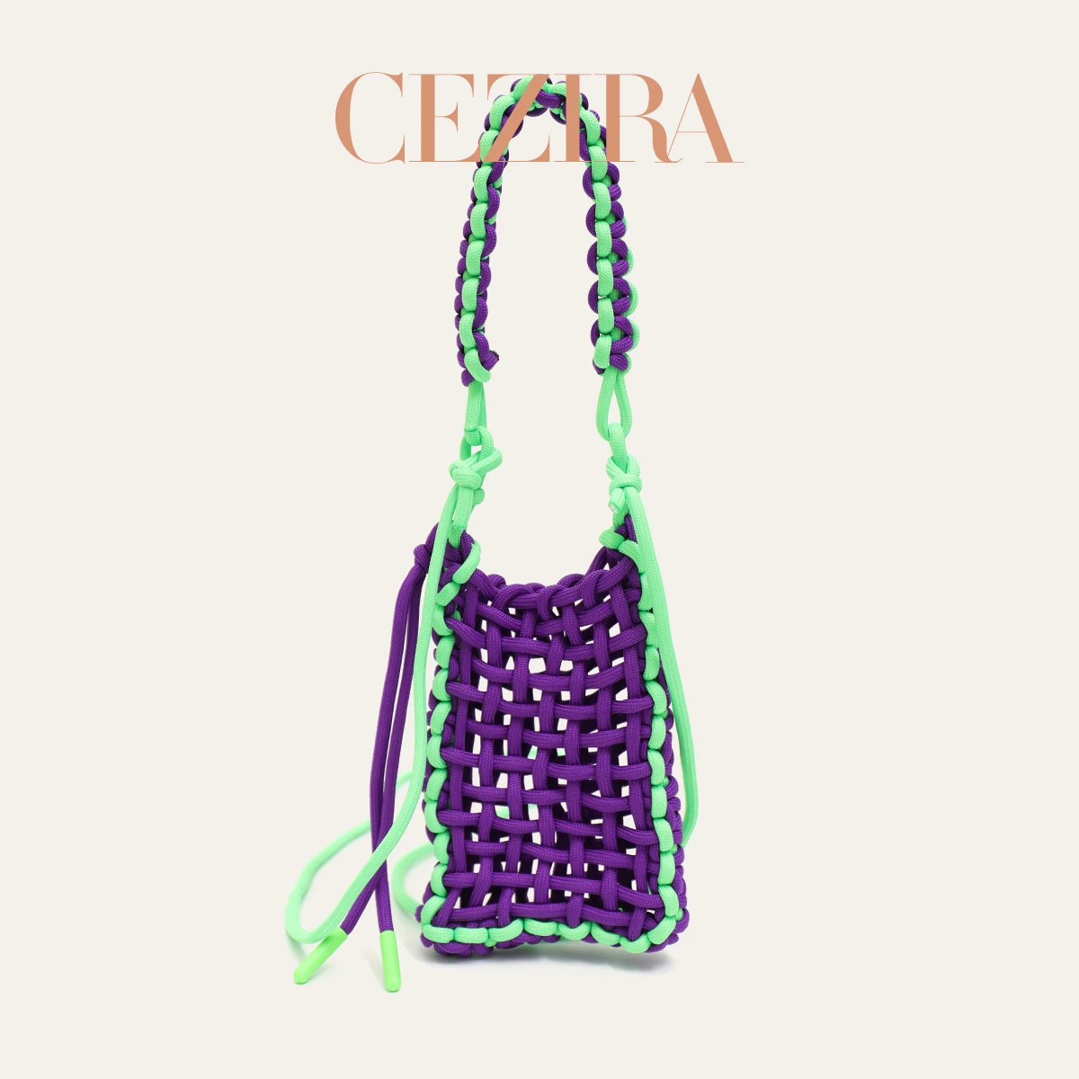 CR Bright Color Hollow‑out Net Nylon Woven Phone Bag Soft Wide Handle Casual Handbag Purse For Women Beach Vacation Travel Daily