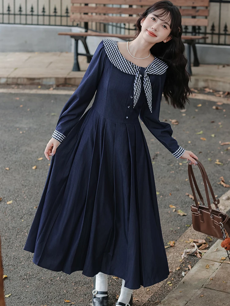 Outono azul chique xadrez arco boneca colarinho plissado vestido longo feminino coreano elegante bodycon vestido 2025 vintage vestidos de festa de luxo