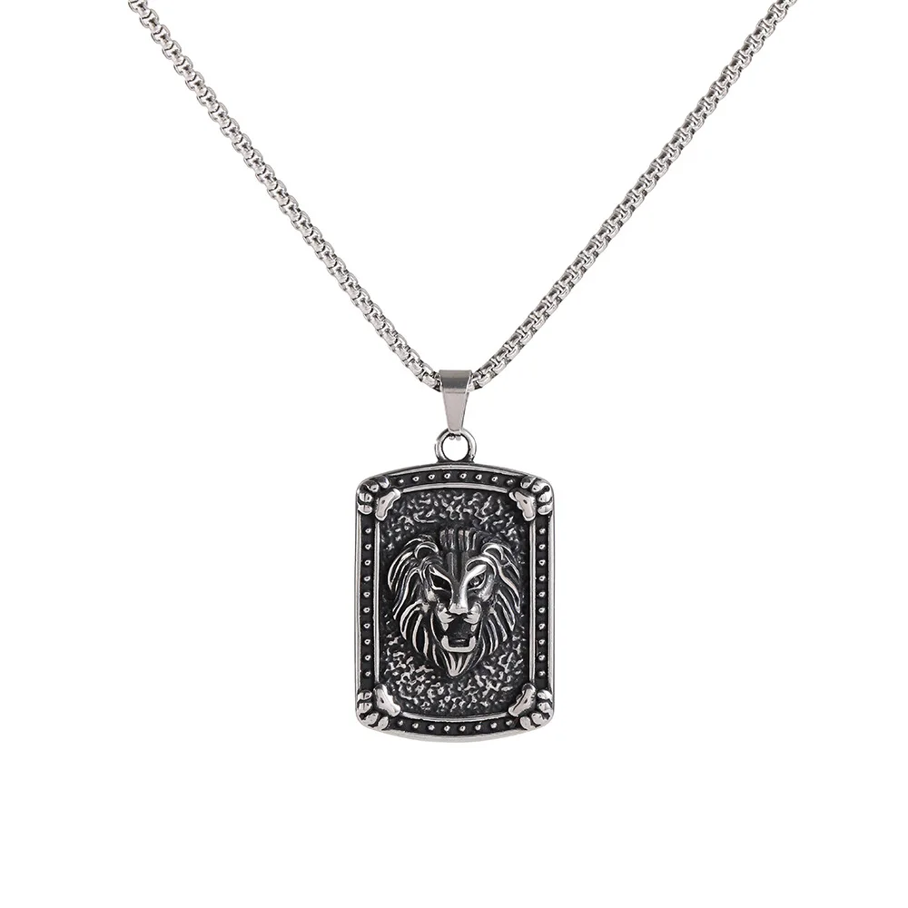

Mens Lion Pendant Necklace Retro Square Charm Titanium Steel Collarbone Chain Unique Valentine Gift for Boyfriend