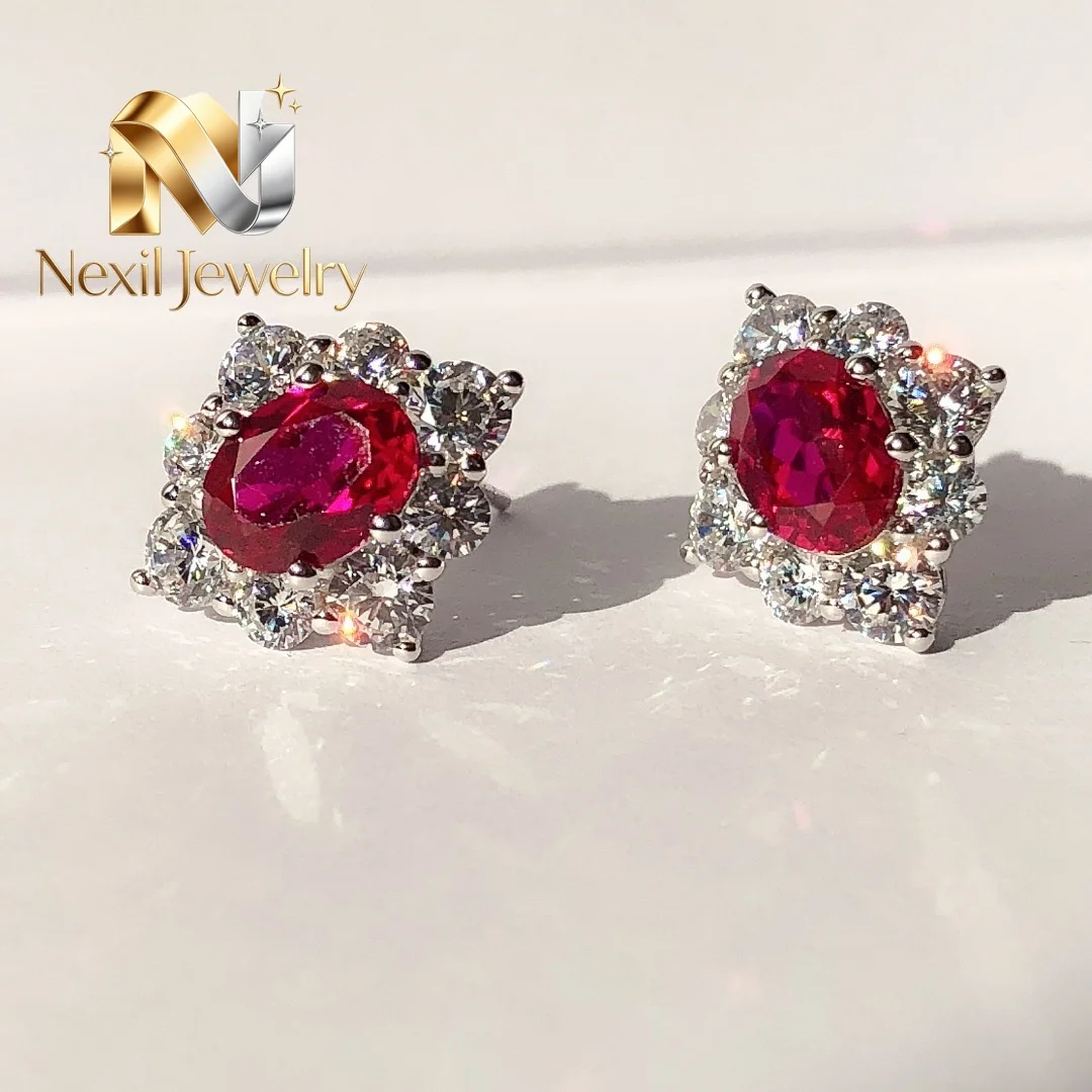 Nexil Jewelry  18K Au750 White Gold 1.5Ct 6*8MM each Oval Cut Sapphire&Ruby Lab Diamond Stud Earrings E068