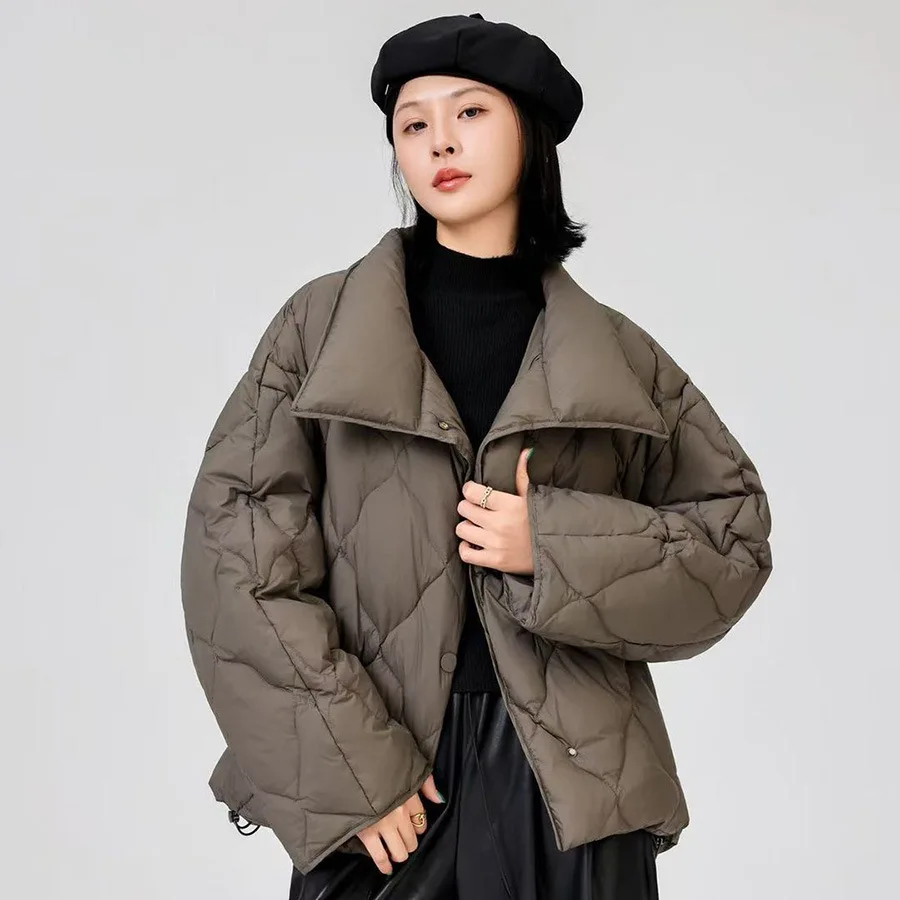 Winter White Duck Down Quilted Outwears Women Large Lapel Diamond Grid Down Jacket Female Thicken Warm Single-breasted Jacket