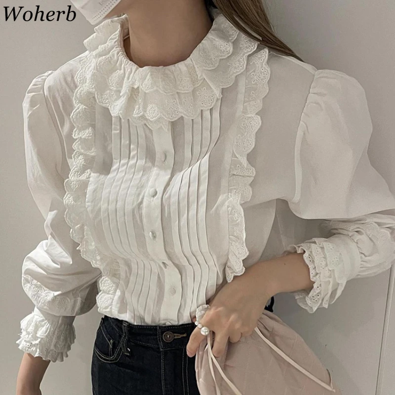 Korean Chic Blouse Women Double Collar Puff Sleeve Shirts 2024 Blusas Mujer De Moda Lace Patchwork Sweet Pleated Blouses Tops