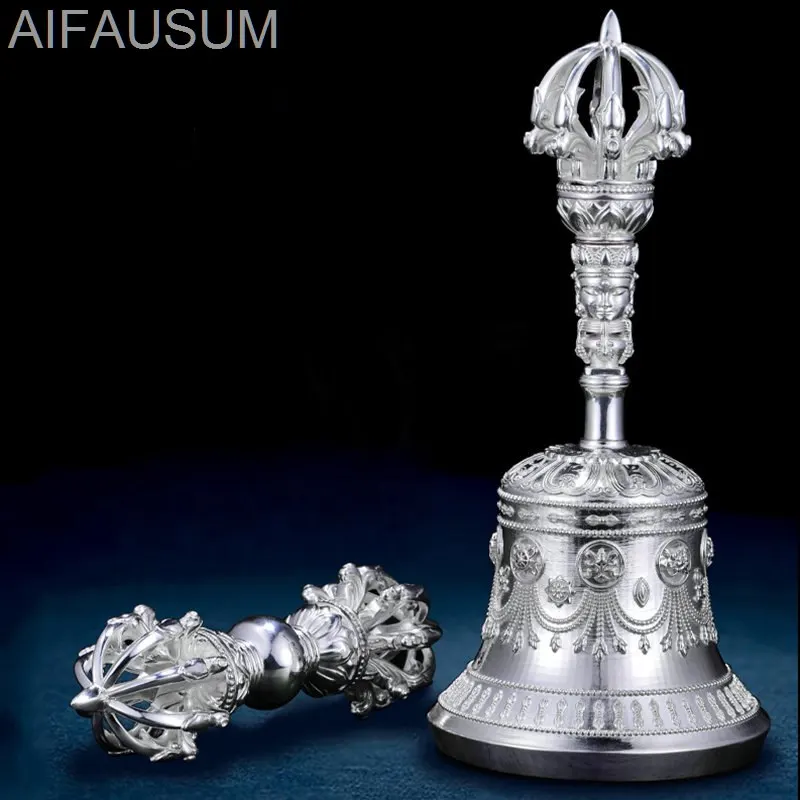 1set 15cm 99 Pure silver Nine-pronged vajra bell Handbells